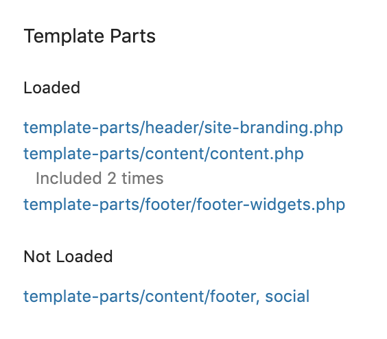 Screenshot of the Template Parts section of the Template panel in Query Monitor